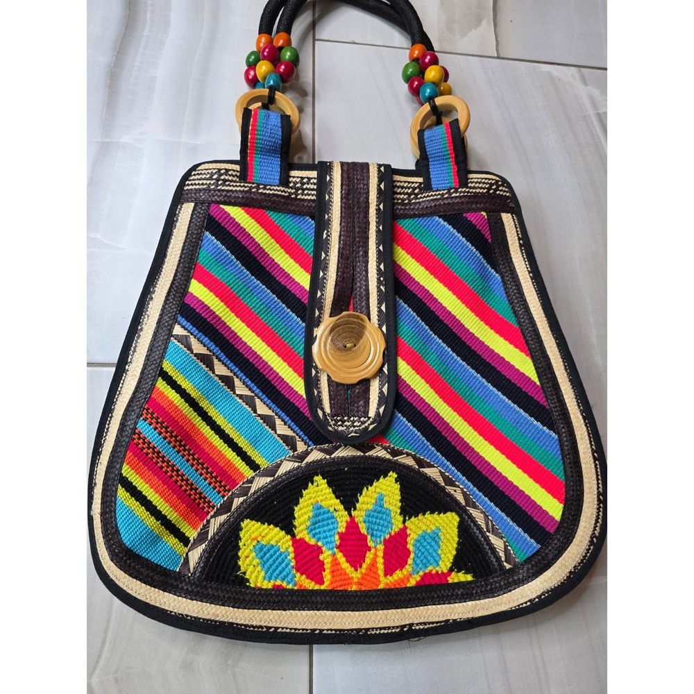 Boho Woven Straw Striped Tote Bag Multi Color Embroidered Floral Wooden F1 - Picture 3 of 16